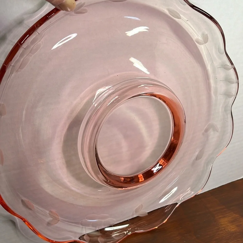 Vintage Cambridge Pink Depression Glass Console Bowl Acid Etched Floral 10.5”